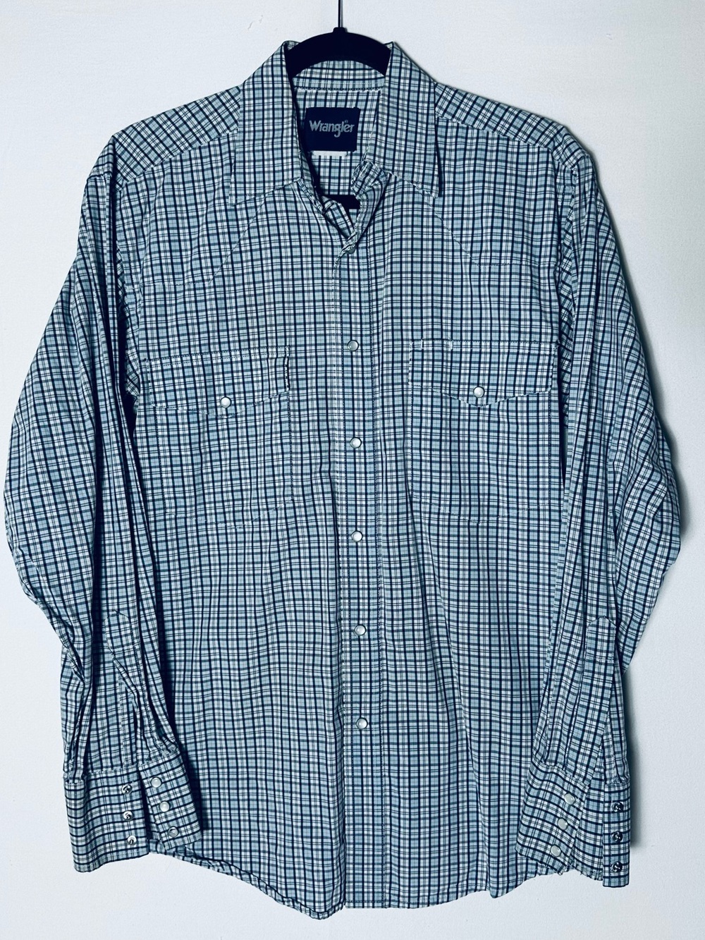 Vintage Wrangler Blue White Plaid Western Pearl Snap Long Sleeve Shirt L Cowboy
